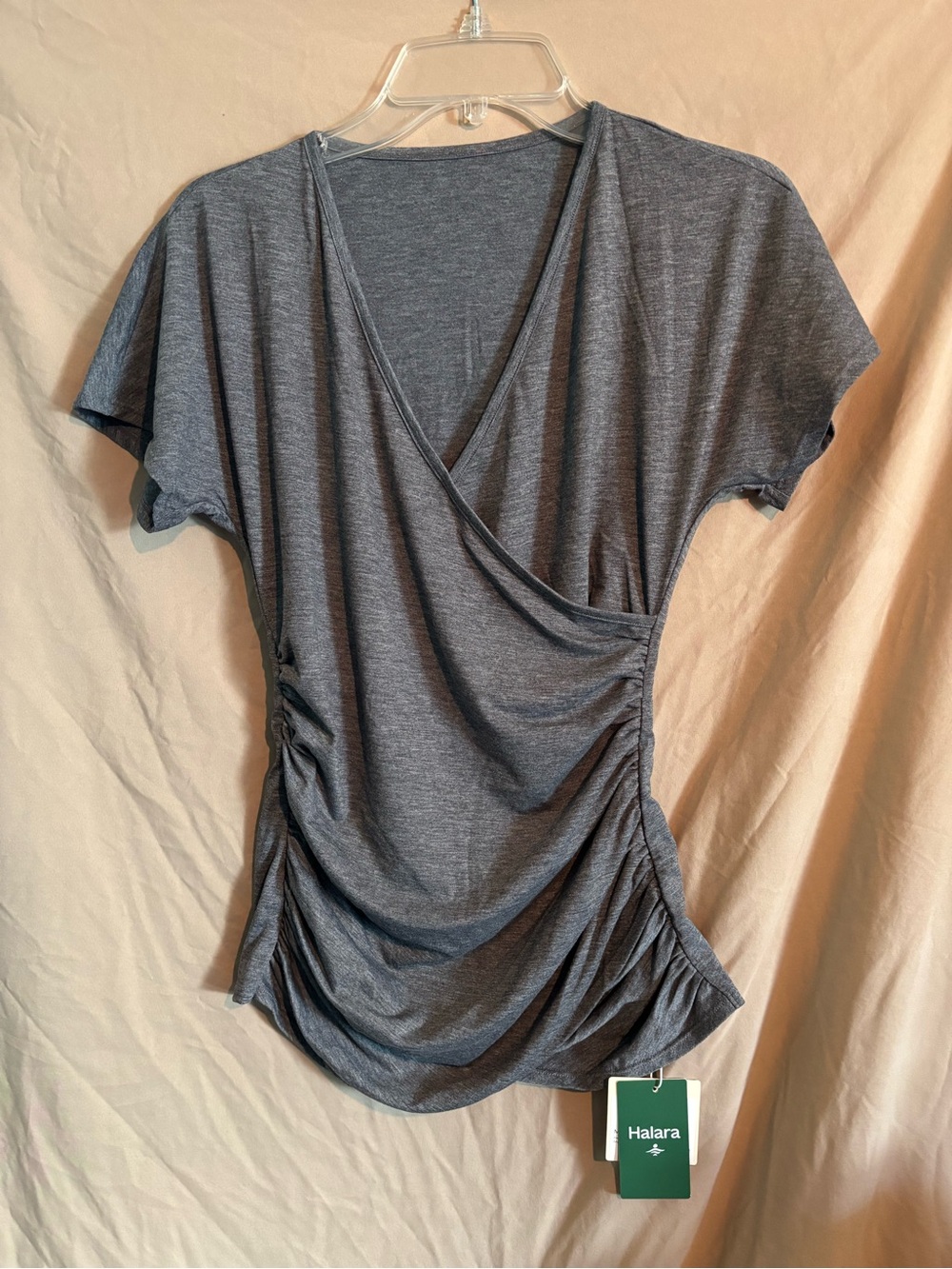 HALARA Gray Ruched Wrap-Front Short Sleeve Top